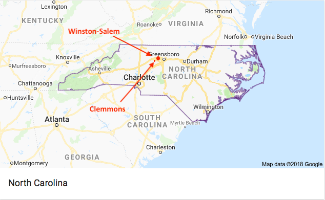 Map of North Carolina, Winston-Salem, Clemmons